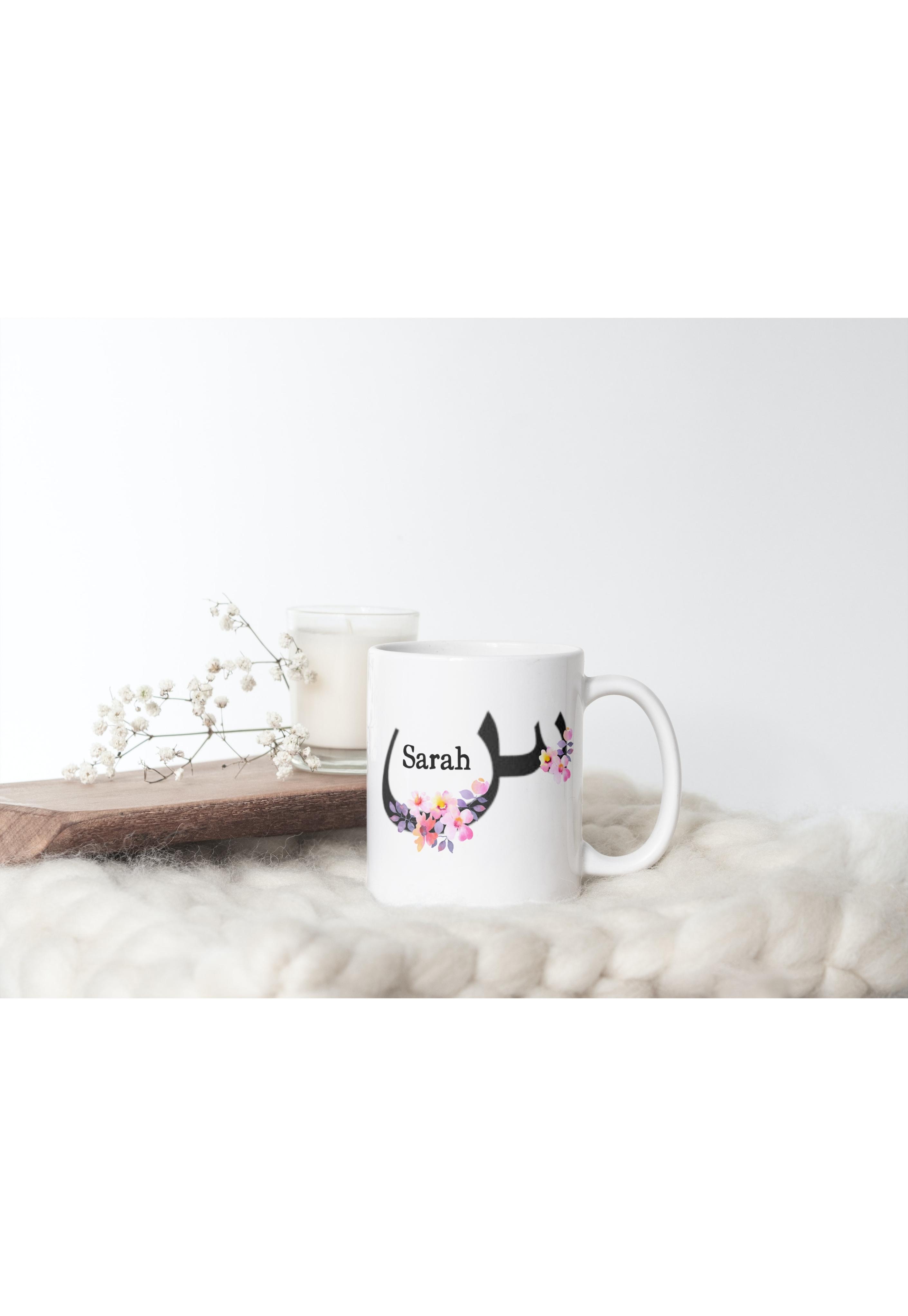 Pink Floral Arabic Initial Mug | 11 oz