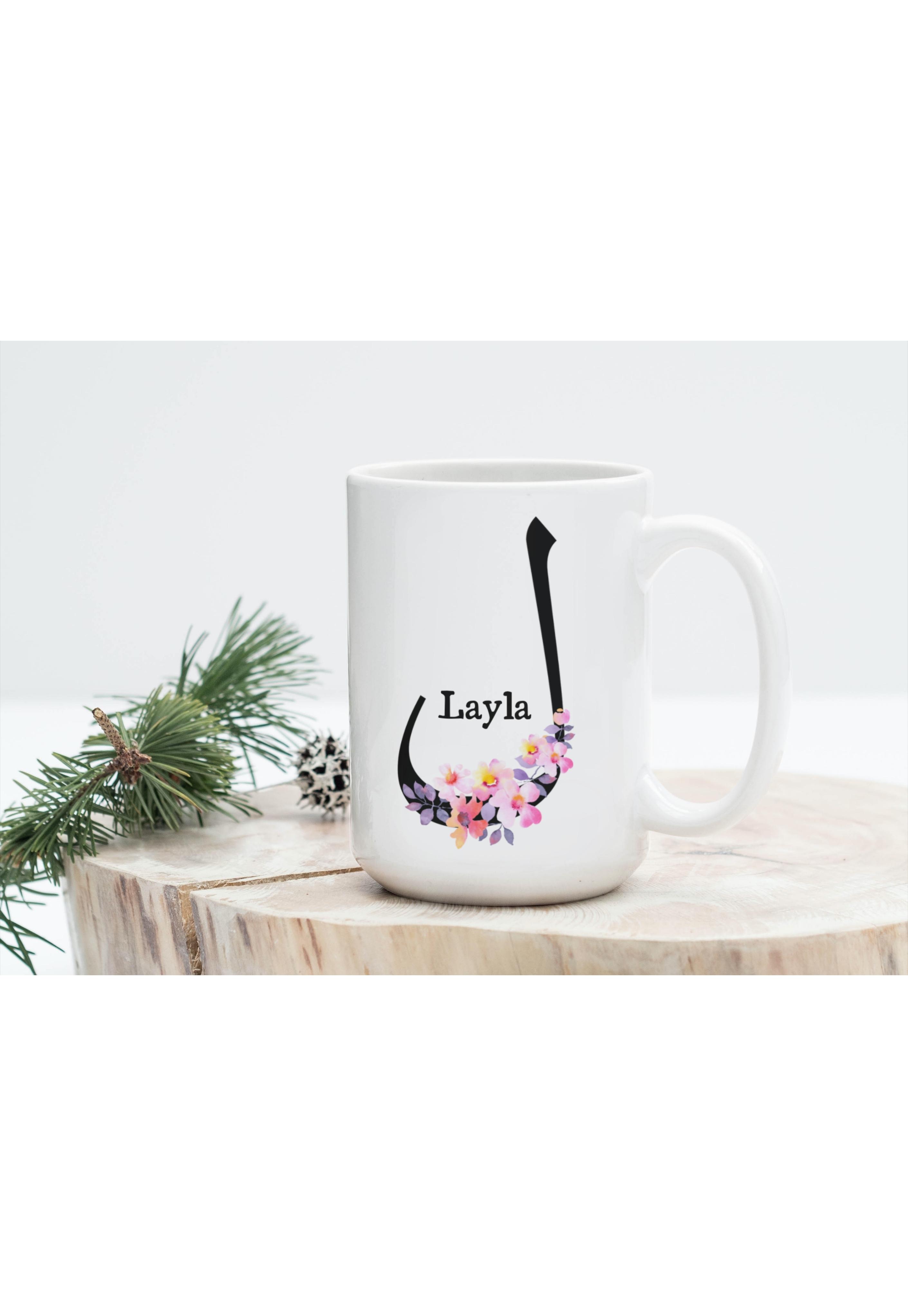 Pink Floral Arabic Initial Mug | 11 oz