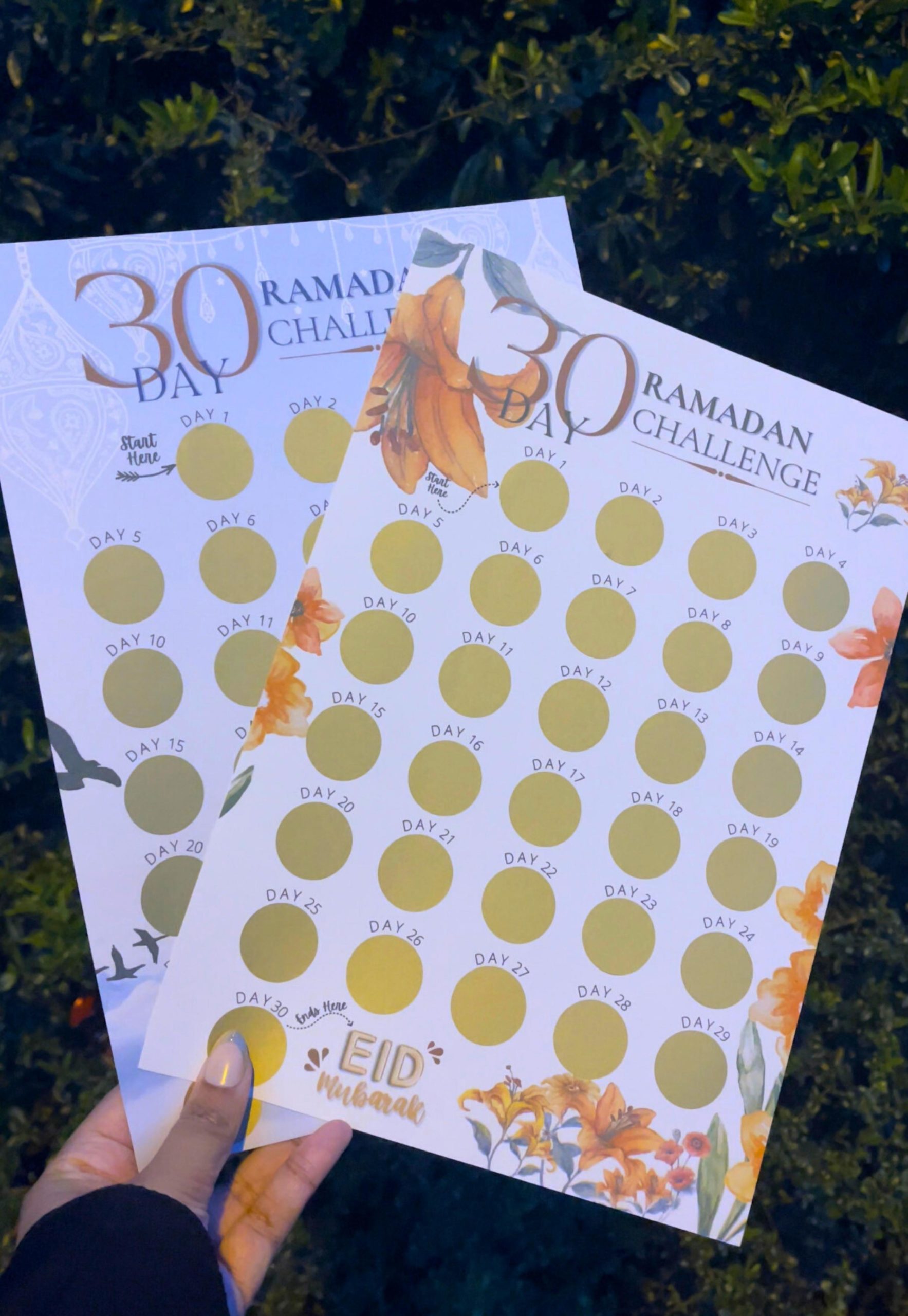 00054 30 day Ramadan Challenge. Ramadan 30 days daily activity scratch card. A4 size.
