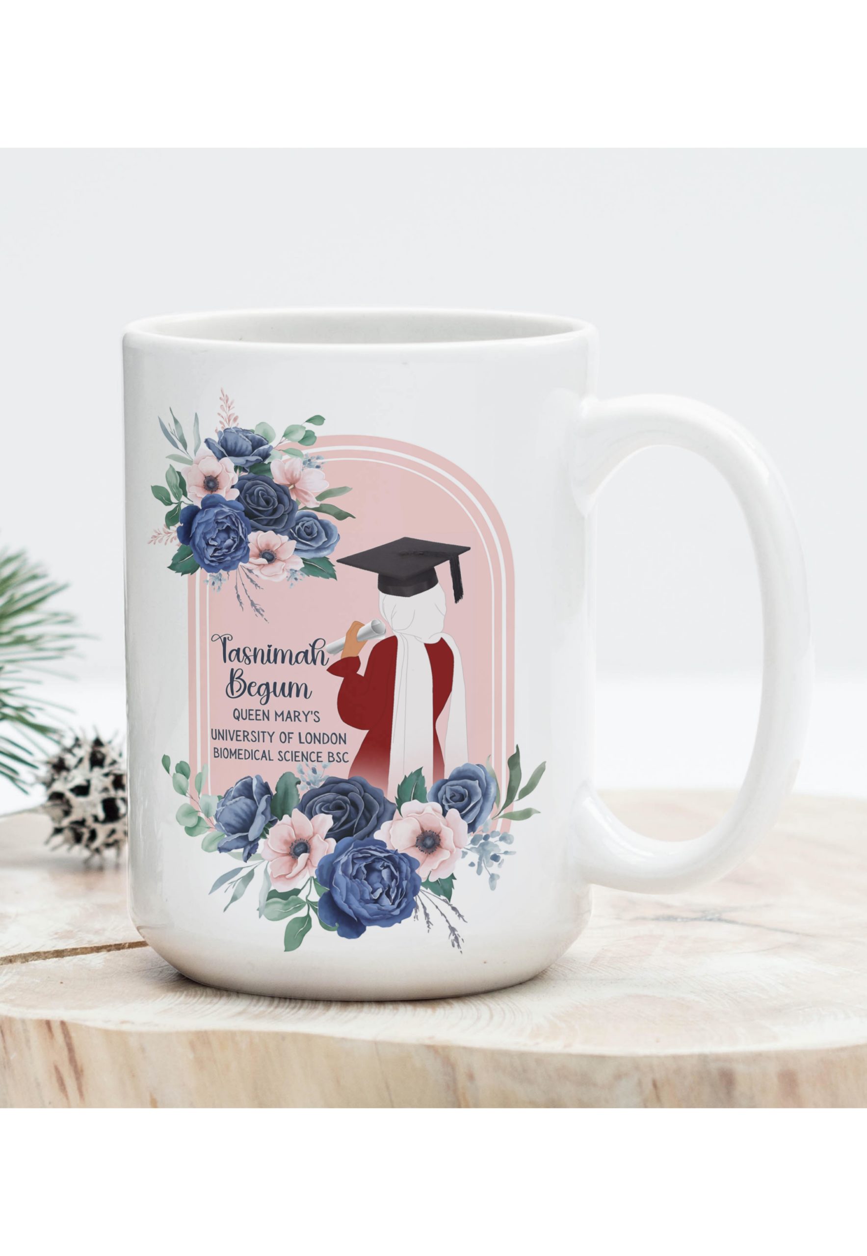 Blue Floral Graduation Mug | 15 oz