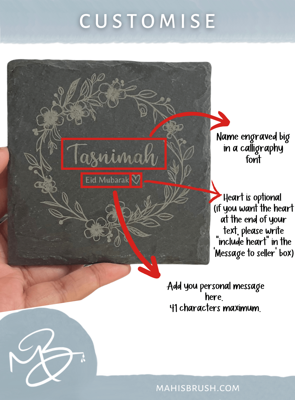 Personalised Floral Wreath Engraved Slate | 10 x 10 cm