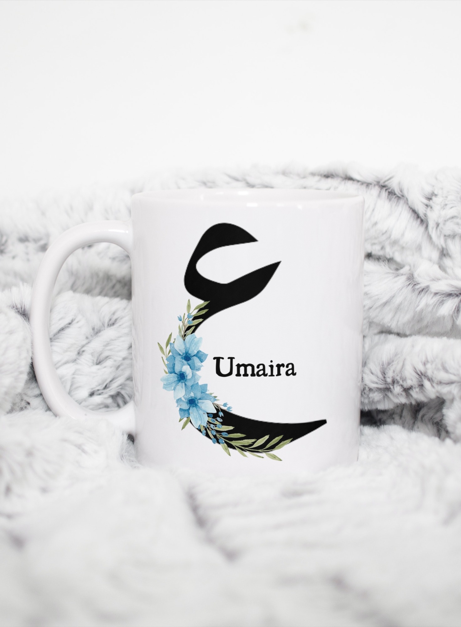 Blue Floral Arabic Initial Mug | 11 oz